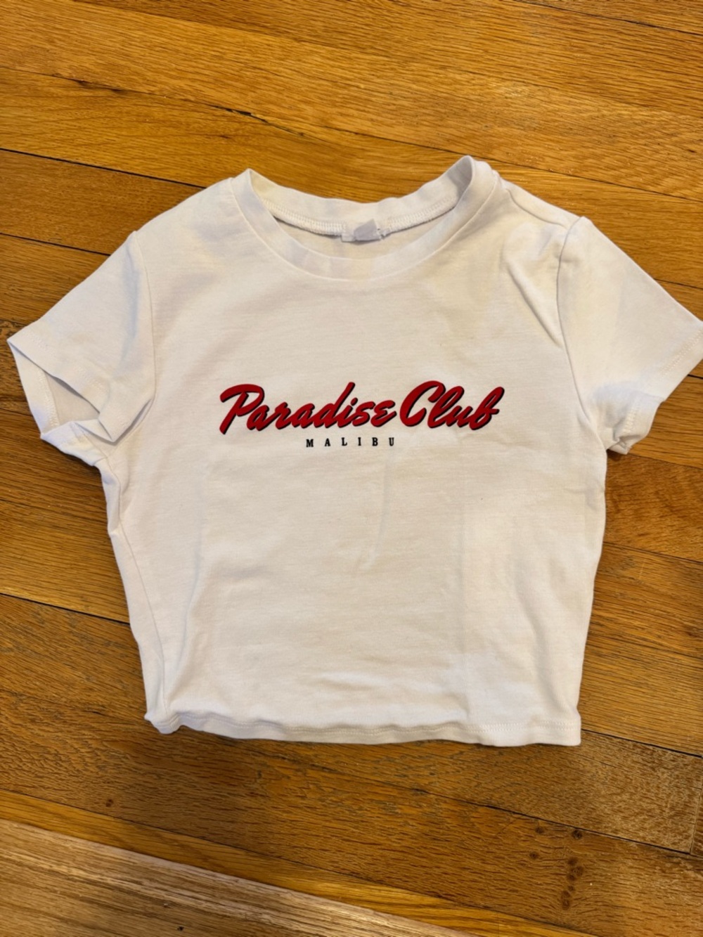 Garage White Crop Tee with Red Paradise Club Graphic
